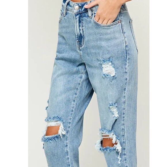 Mid Rise Light Wash Ripped Distressed Boyfriend Denim Jeans - Picture 3 of 8
